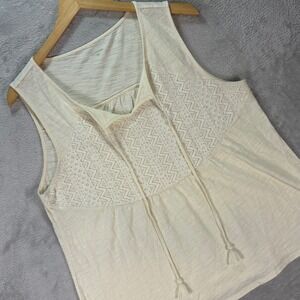 Garnet Hill Women's Sleeveless Ivory Tank Top Lace Boho‎ Tassels Sz Large Boho